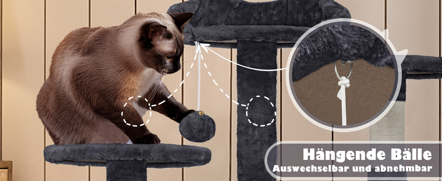 Кігтеточка-кімнатний комплекс Yaheetech 139 см, чорний, з 3 платформами, 3 стовпчиками, 2 хованками та іграшками