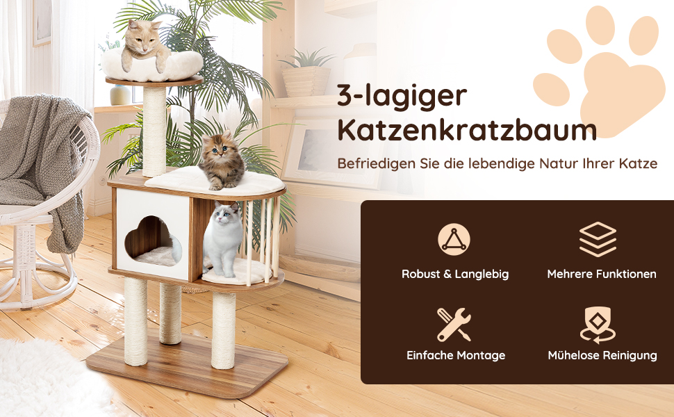 Котячий будиночок GYMAX: стабільний котячий будиночок, котячі меблі, котячий когтетоп, крізь-дерево для котів, висота 117 см (колір: коричневий)