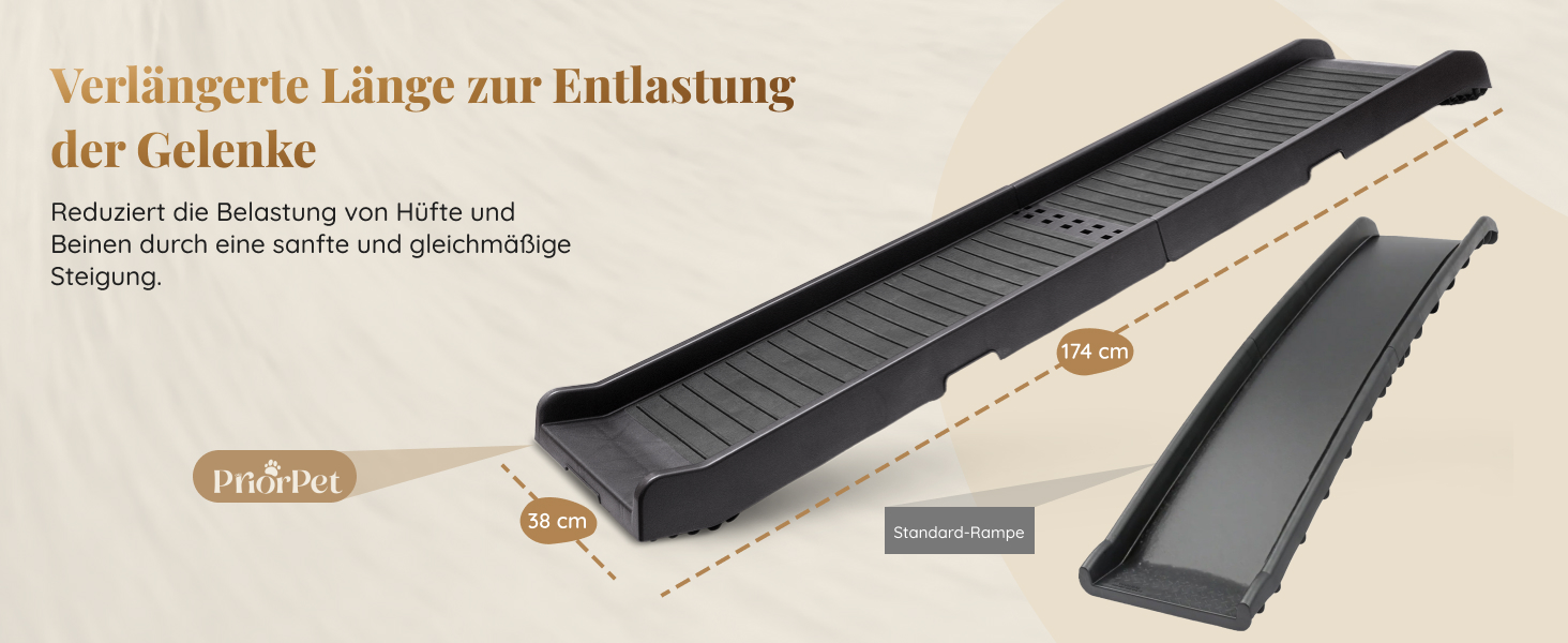 Рампа для собак у машину, складна – 174 см x 38 см – гумовий антиковзкий килимок – для великих собак, авто/SUV – вантажопідйомність 85 кг – темно-сіра