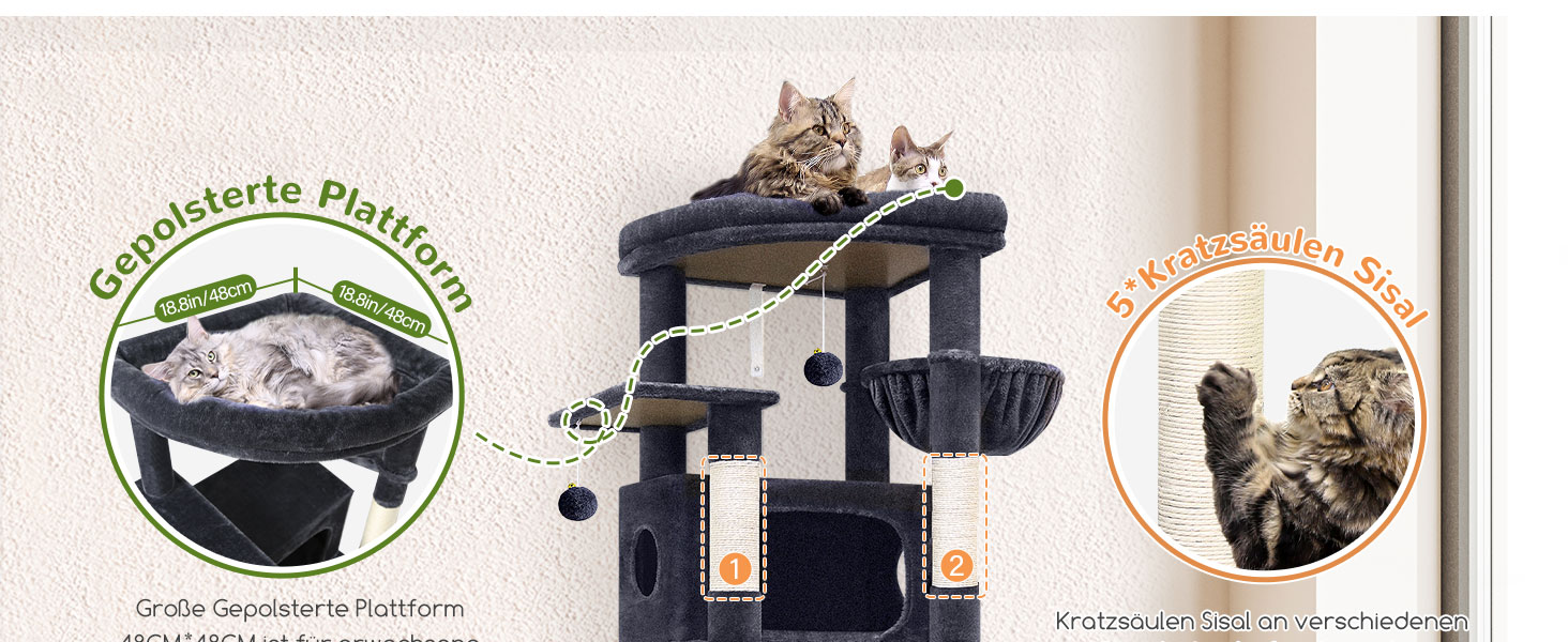 Драбина для котів Globlazer XXL, 188 см, з будиночком, платформами та кошиками. Стабільна, не перекидається, для великих котів. Темно-сірий (S74)