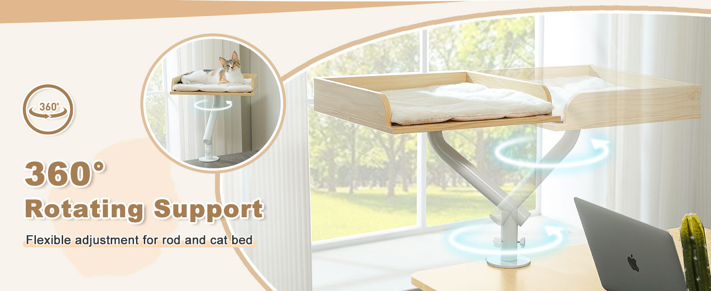 PAWZ Road: ліжко для кота на стіл, дерев'яне ліжко для котів, кошик для котів, 360° обертання та регулювання висоти, гамак для котів для дряпання, підтримує до 23 кг (Бежевий, прямокутне дерево)