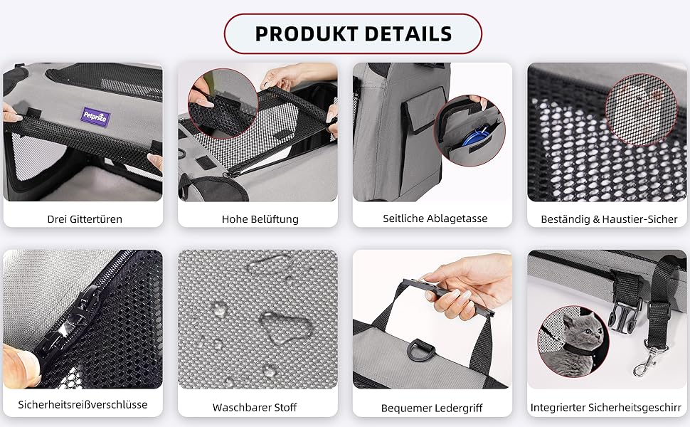 Транспортна переноска для котів та собак Petprsco, 60x42x42 см, сіра. Зігріваюча ковдра, складна миска та знімне покриття.