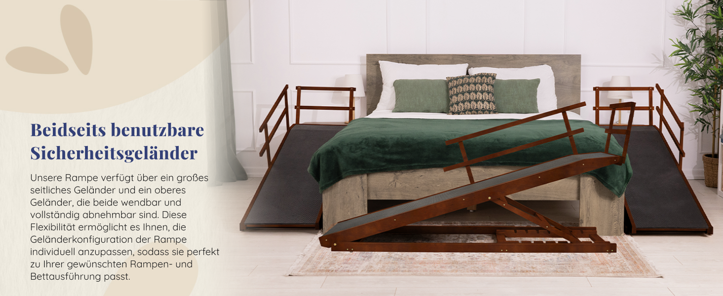 Східці для собак до ліжка з поручнями - для великих собак до 90 кг - регульована висота до 94.5 см - ширина 49,5 см - складані - антиковзні ручки - береза - натуральний колір (волоський горіх)