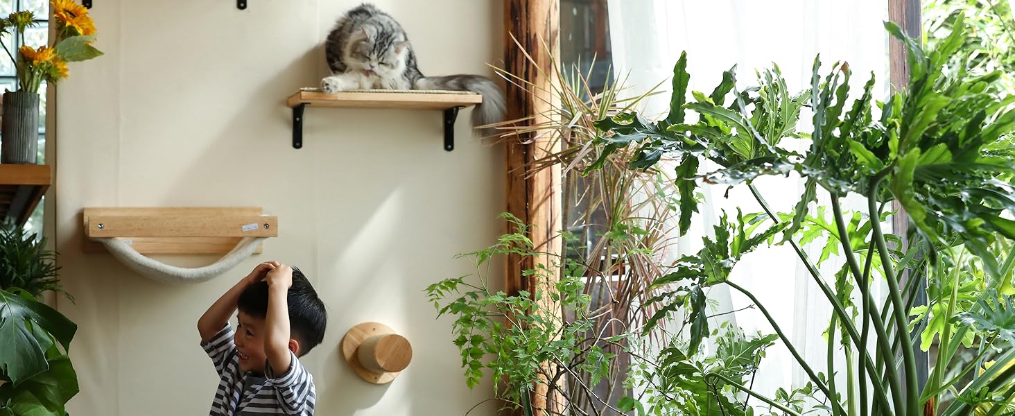 Кігтеточка-стінка для котів FUKUMARU, велике котяче ліжко на стіну, з масивного гумового дерева, біле фланелеве покриття, вантажопідйомність до 18 кг