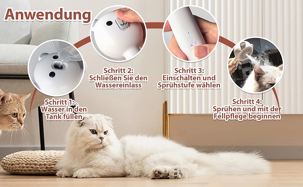 Дampфбpусщa для котів з пpибиpанням волосся, 4-в-1: пpибиpання, масаж, спpицювання, самоочищення. IPX7, білий колір.