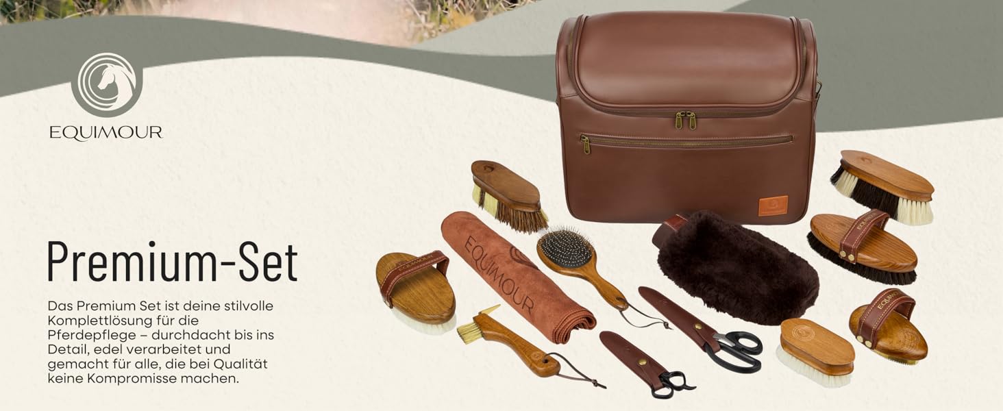 Набір для догляду за конем (12 предметів) – повний комплект для чищення коней: щітка-кардаш, щітка для гриви, копитачка, стрігач, гребінець для гриви та сумка – високоякісний набір для стайні та турнірів