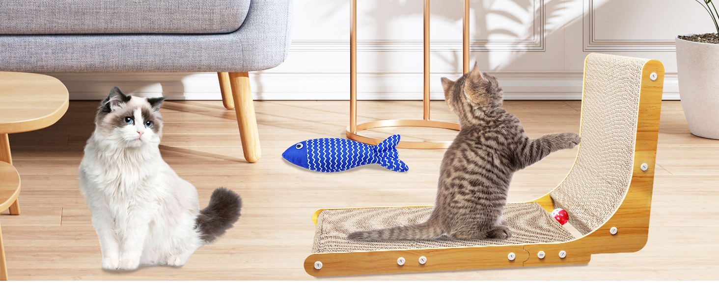 Котяча дряпка L-подібної форми, 68 см, з дзвіночком, рибкою та мишкою, з якісного картону, для стін, задовольняє природну потребу в дряпанні, XXL
