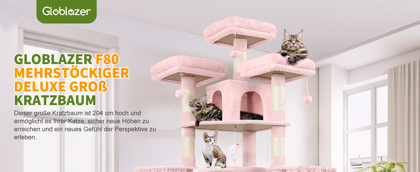 Розкішна когтеточка Globlazer XXL для великих і кількох котів, 204 см, з будиночками, гамаками та м'якими сидіннями (рожева)