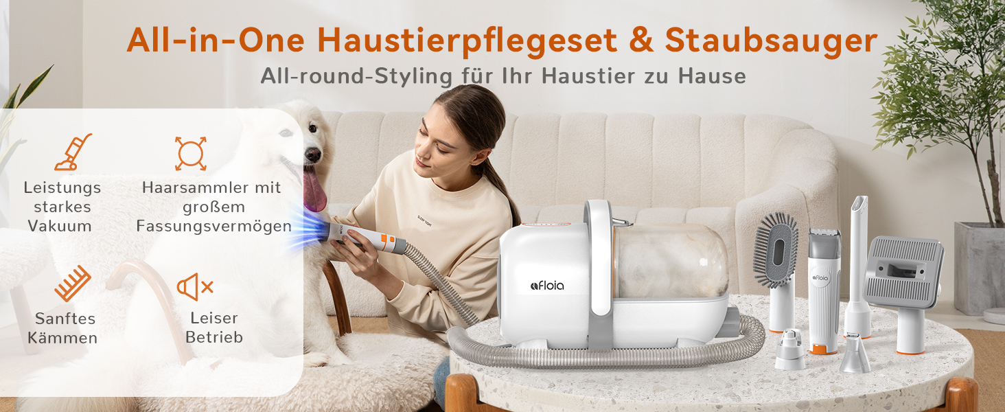Професійна машинка для стрижки собак Afloia з пилососом, комплект догляду за домашніми тваринами, тиха машинка для собак та котів, професійна машинка для стрижки собак з 7 інструментами, об'єм 1.5л