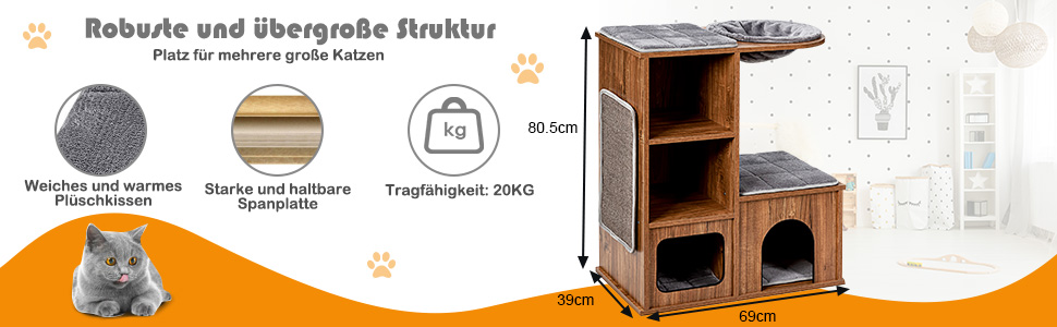 Клітка-кігтеточка для котів Costway з будиночком та килимками, дерев'яна, 69x39x80,5 см
