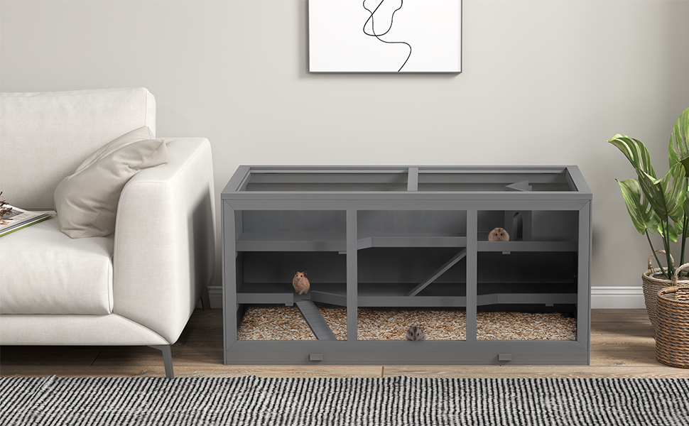 Клітка для гризунів PawHut, з рампою та вигнутою гіркою, відкидна верхня частина, знімний піддон, дерево сосна та PS пластик, 115 x 60 x 55 см (Сірий)