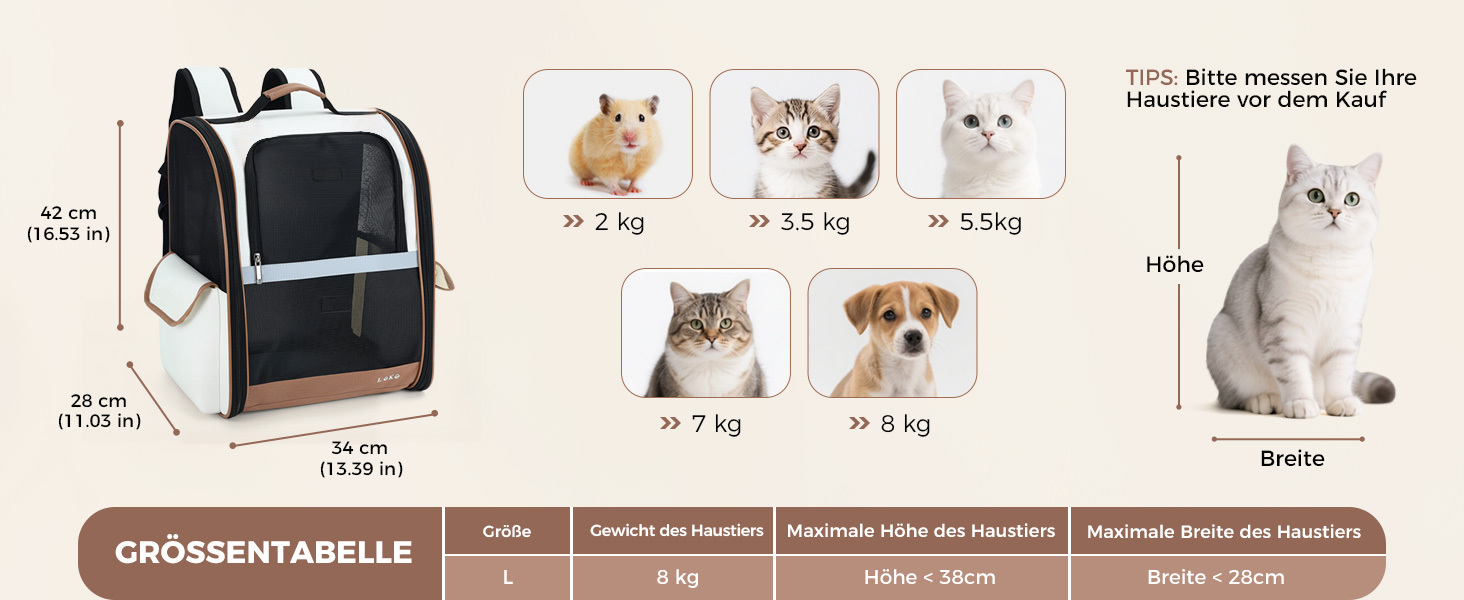 Рюкзак для собак та котів Lekespring (2-8 кг), сірий, з сіткою для прогулянок та подорожей