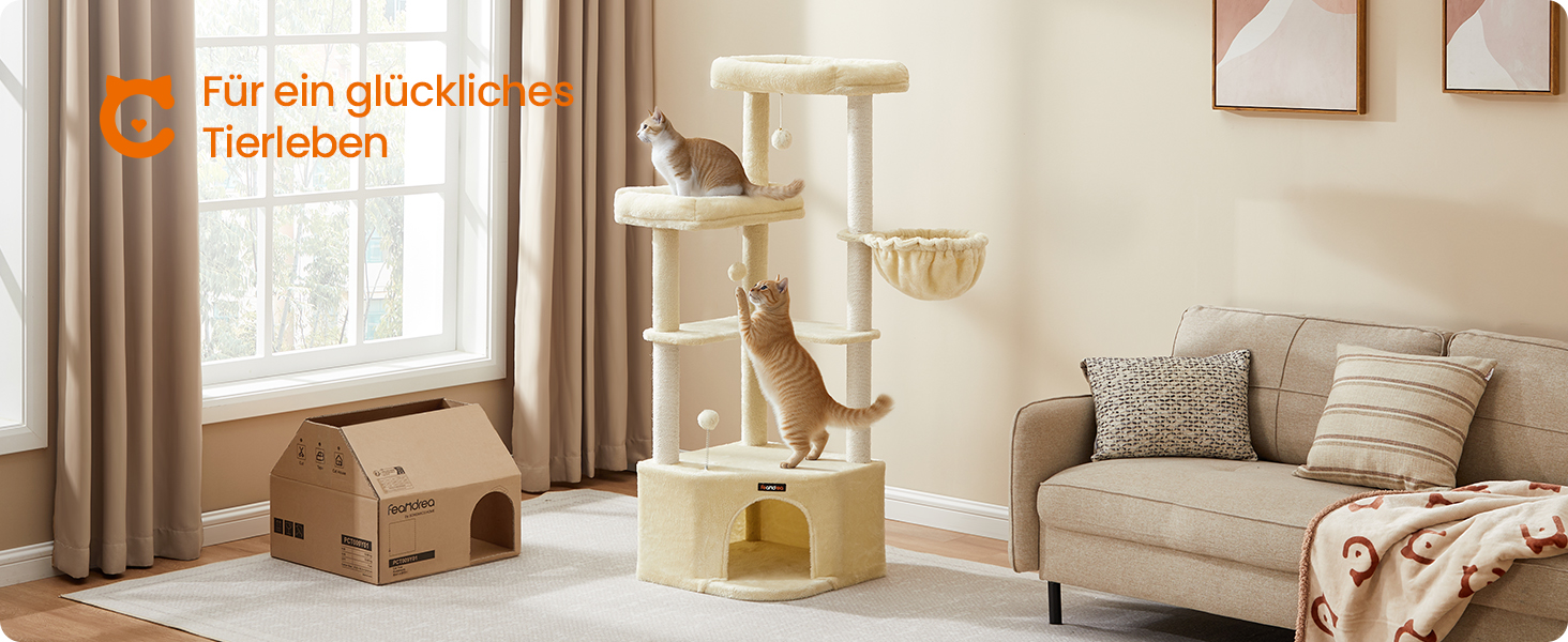 Дряпка для котів Feandrea, кігтеточка з великою затишною печерою, платформами, м'ячиками та лежанкою, 48,5 x 48,5 x 140,7 см, бежевий PCT009Y01