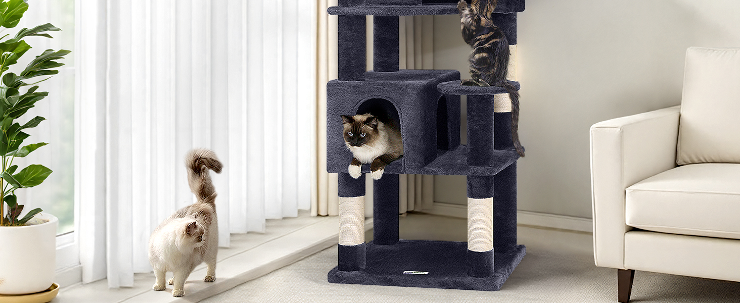 Драбина-кіготь Globlazer для котів, 168 см, з 3 будиночками, великою платформою, 5 стовпчиками з сизалю, кошиком та іграшками. Підходить для 3-4 дорослих котів (F66, темно-сірий)