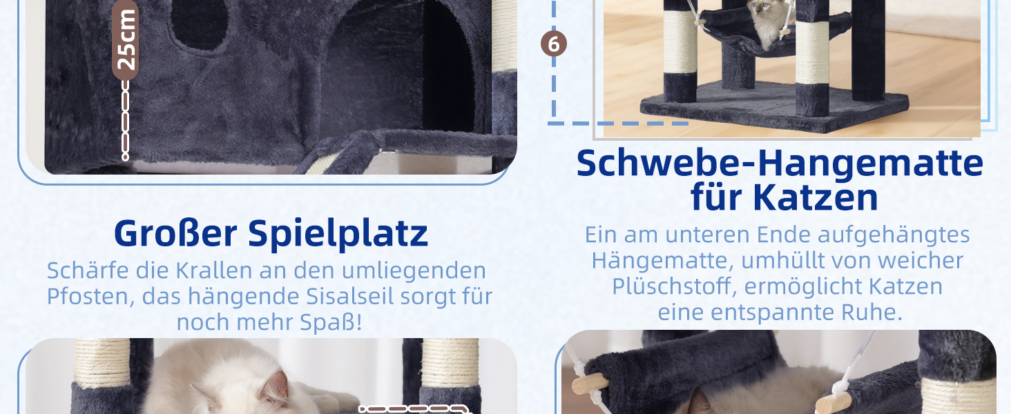 Великий котячий будиночок Kratzbaum: стабільний, 200 см, з платформами, гамаком та сизалевими стовпчиками (GCT031W, сірий)