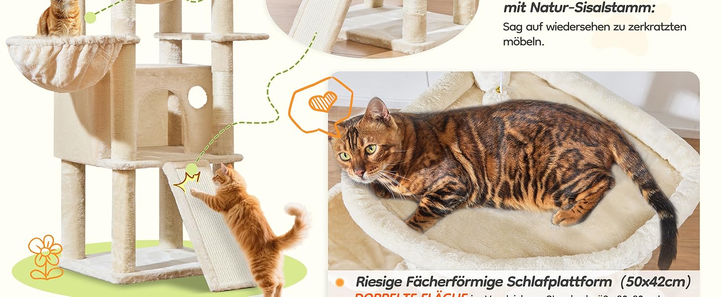 Когтеточка для котів Taoqimiao 183 см, велика, XXL, з будиночком, гамаком, когтеточками, платформою, MS045W (Бежева)