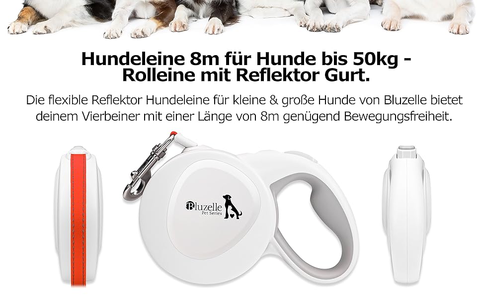 Блузель 8м Рулетка для собак до 50 кг, Неонова жовта рулетка з відбивачем, карабін 360°, ергономічна ручка з гумою та стопором