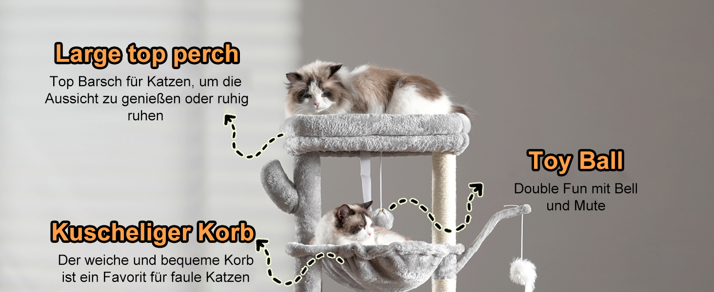 Кігтеточка для котів Heybly Kratzbaum 100 см: комплексна кігтеточка з платформою, гамаком, іграшками, сірого кольору HCT006SW