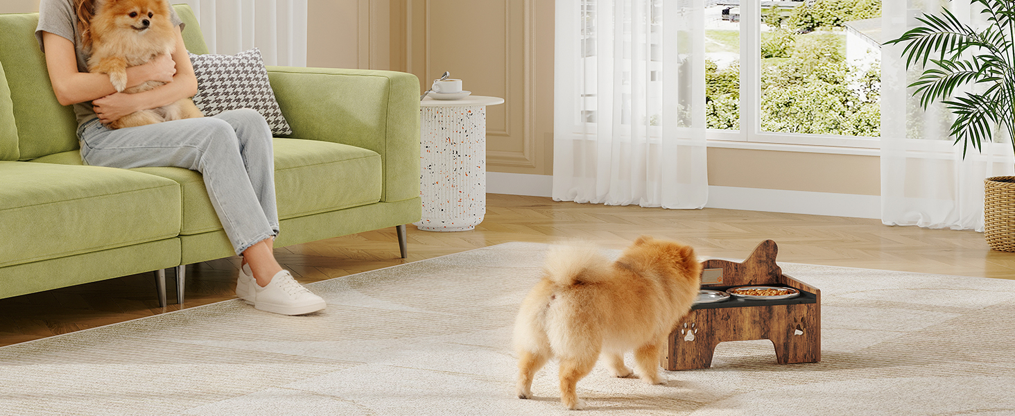 Підвищена годівниця для собак Hzuaneri з двома мисками, нержавіюча сталь, захист від бризок, антиковзаюча, безшумна, для малих та середніх собак, вінтажний коричневий, PB01601B