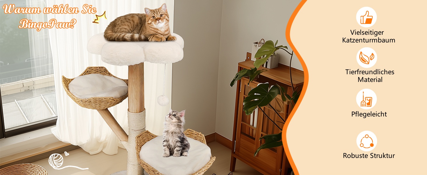 Кігтеточка BingoPaw Modern для котів: дерев'яна кігтеточка 111 см з 2 кошиками з лози, сизалевим стовпом, платформою та плюшевим м'ячиком. Велика кігтеточка-вежа для кількох котів.