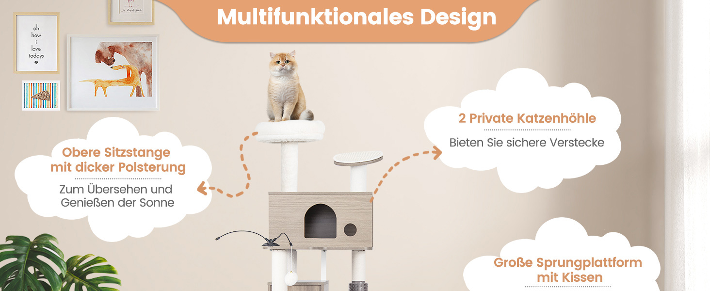 Дім-кігтеточка для котів COSTWAY з будиночком, ігровим м'ячиком та подушкою, сірий, 95x55,5x132 см