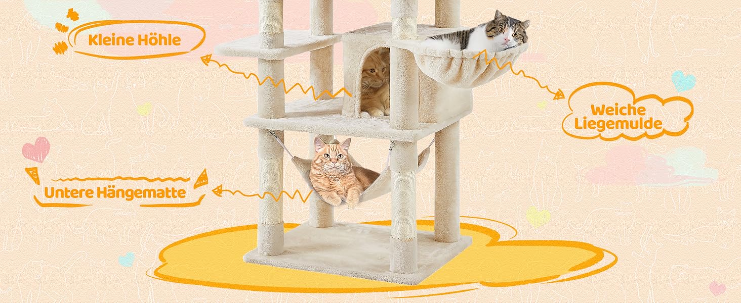 Котячий будиночок Yaheetech 170 см XL: кігтеточка, ліжко, гамак, іграшки, бежевий