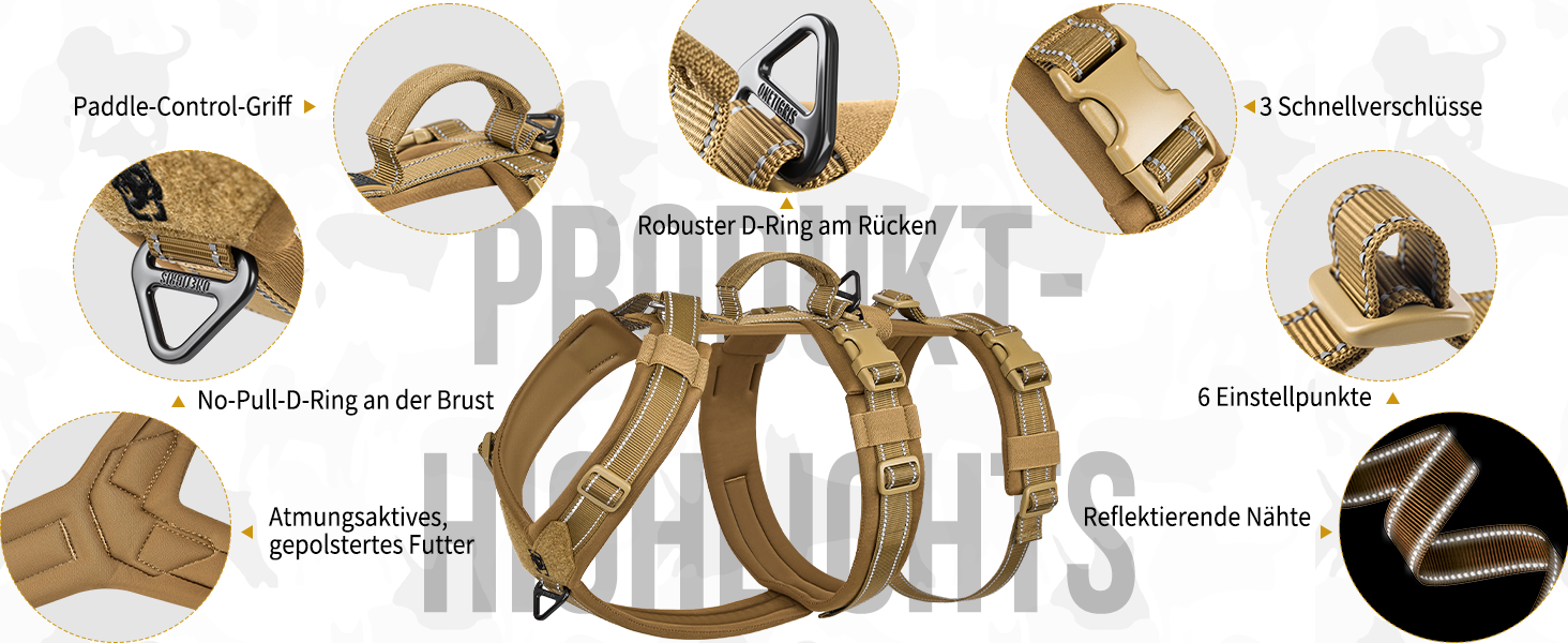 OneTigris HOUNDLOCK Тактичне шлейка для собак, надійна, регульована, з м'якою підкладкою, з ручкою, 2D-кільцями та світловідбиваючими елементами (M, L:27-41кг, обхват шиї 45-63см, обхват грудей 68-91см), Колір: Коричневий