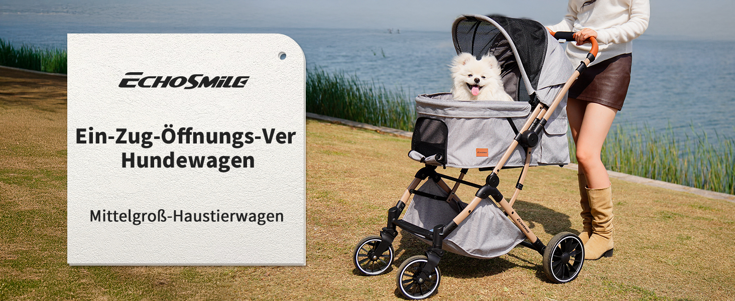 Візок для собак EchoSmile, складаний, до 20 кг, для маленьких та середніх собак та котів, з регульованою ручкою, амортизаторами та знімним чохлом (сірий)
