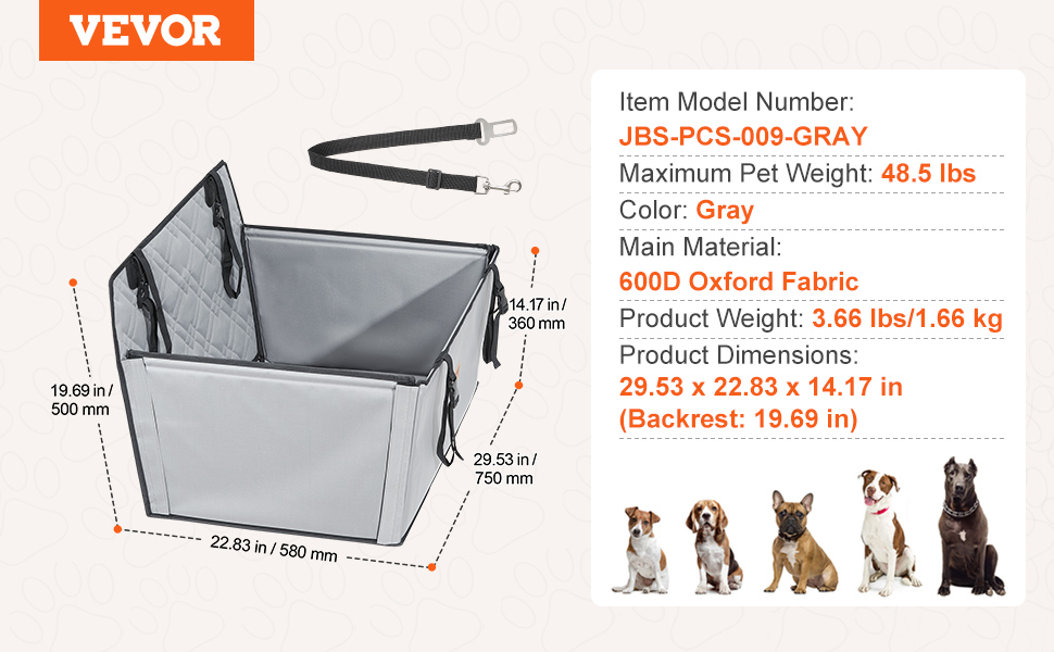 Автокрісло для собак VEVOR - підняття для собак, водонепроникне, з підтримуючою рамою, з безпечним тросом, для собак малого, середнього та великого розміру до 22 кг (M, сірий)