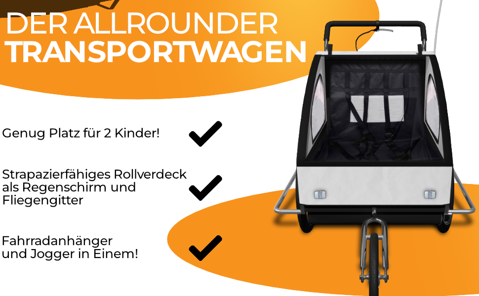 SAMAX Fahrradanhänger Jogger 2в1: Дитячий велопричіп-коляска для 2 дітей, підвісна вісь, білий/чорний - срібна рама