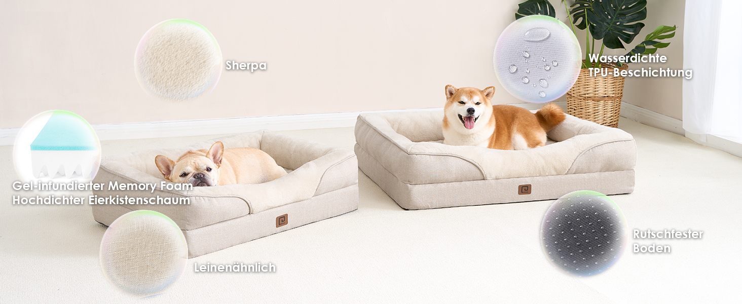 Ортопедичне ліжко для собак середніх порід EHEYCIGA, 91x68x17.5 см, Memory Foam, водонепроникне, з бортиками, антиковзаюче, бежеве