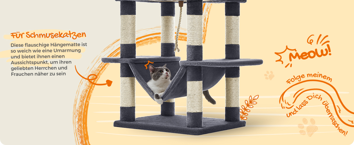 Котячий будиночок Feandrea XXL: багатоповерховий котячий комплекс 206 см, з 13 стовпчиками для шліфування, 2 платформами, 2 печерами, гамаком та іграшками, сірий