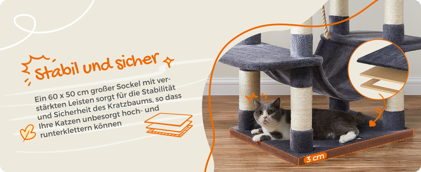 Котячий будиночок Feandrea XXL: багатоповерховий котячий комплекс 206 см, з 13 стовпчиками для шліфування, 2 платформами, 2 печерами, гамаком та іграшками, сірий