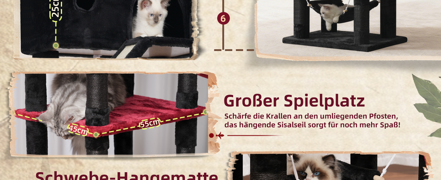 Великий котячий будиночок Kratzbaum: стабільний, 200 см, з платформами, гамаком, сизалевими стовпчиками (чорний та червоний)