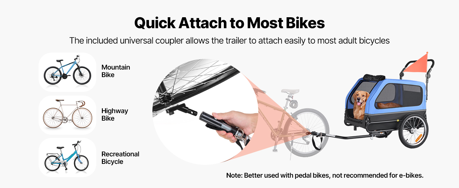 Причіп для собак VEVOR до 40 кг, 2-в-1, для маленьких та великих собак, з розкладним каркасом, універсальний з'єднувач, з прапорцем, внутрішній поводок, 1380x755x800 мм