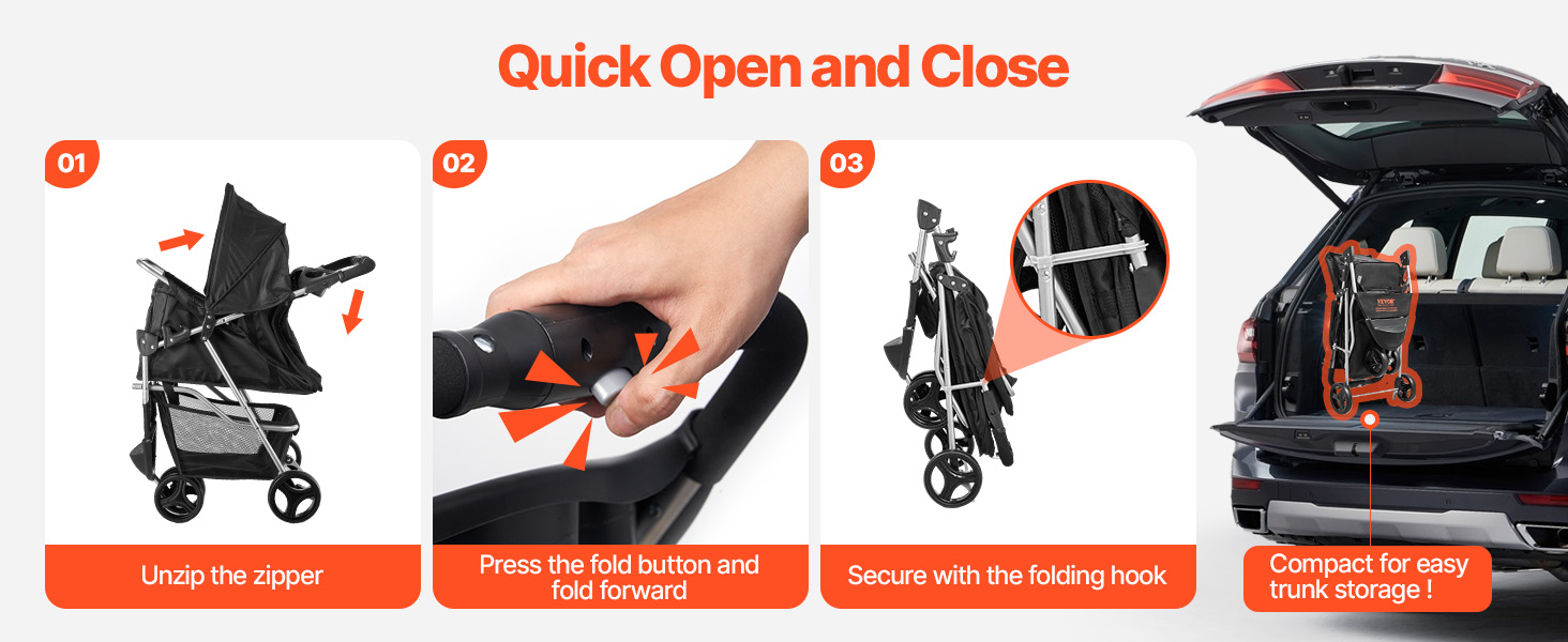 Візок для собак VEVOR, вантажопідйомність 16 кг, складний, для котів та собак, 3 колеса, сітчасті вікна, тримачі для напоїв, гальмо, для маленьких та середніх тварин