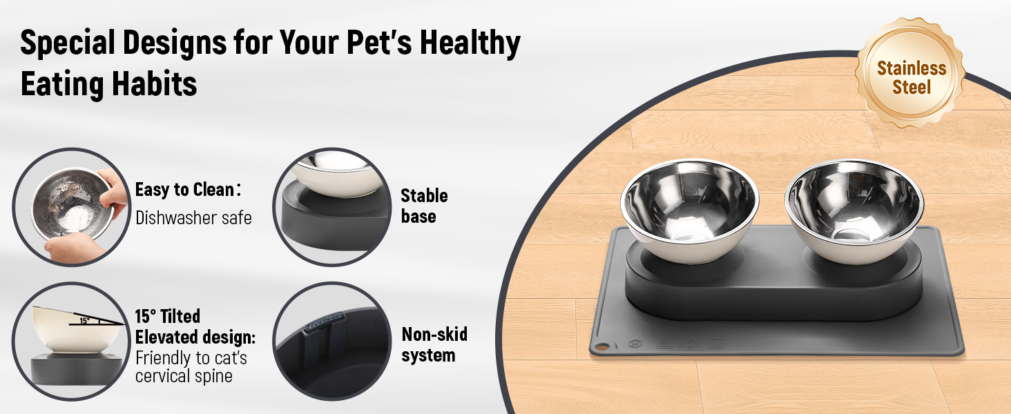 Набір мисок для котів та маленьких собак Marchul: подвійні, з підставкою, з нержавіючої сталі, 15° нахил, з силіконовим килимком