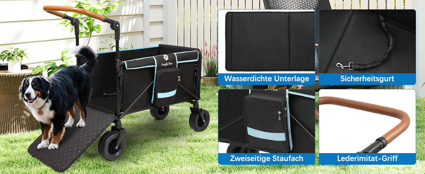 Візок для собак Snagle Paw з дверцятами та рампою, великий, розкладний, для собак середніх та великих порід, регульована ручка та гальма, 4 колеса для прогулянок, бігу, подорожей, до 90 кг (Чорний/Синій)