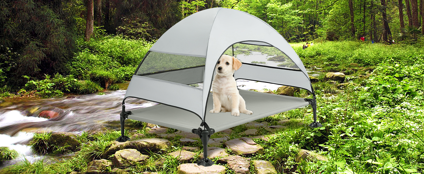 Лежанка для собак Snagle Paw з дахом, підвищене ліжко - стабільне собаче ліжко з антиковзкими ніжками, широка тінь - водонепроникна для великих собак в приміщенні/на вулиці, кемпінг та сад (Сірий, L106 x B76 x H84 см)
