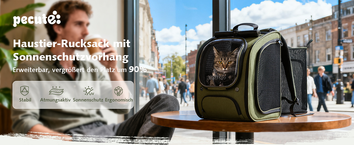 Пекют Рюкзак-переноска для кота з віконцем-бульбашкою, великий (32x26x42 см, хакі)