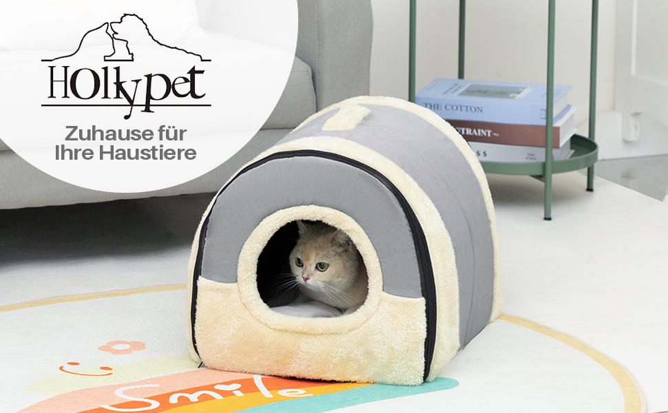 Кішечка Hollypet: ліжко для котів та маленьких собак, 2-в-1, тепле гніздо-печера з кришталевої оксамиту, сірий колір, для дому та вулиці