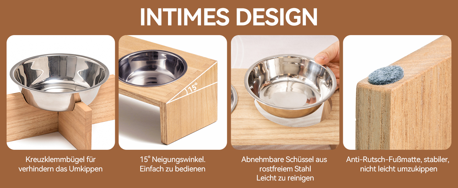 Підвищені годівниці для котів та собак KIRIGEN – дерев'яна годівниця з 3 знімними мисками з нержавіючої сталі, жовто-коричневого та темно-коричневого кольорів