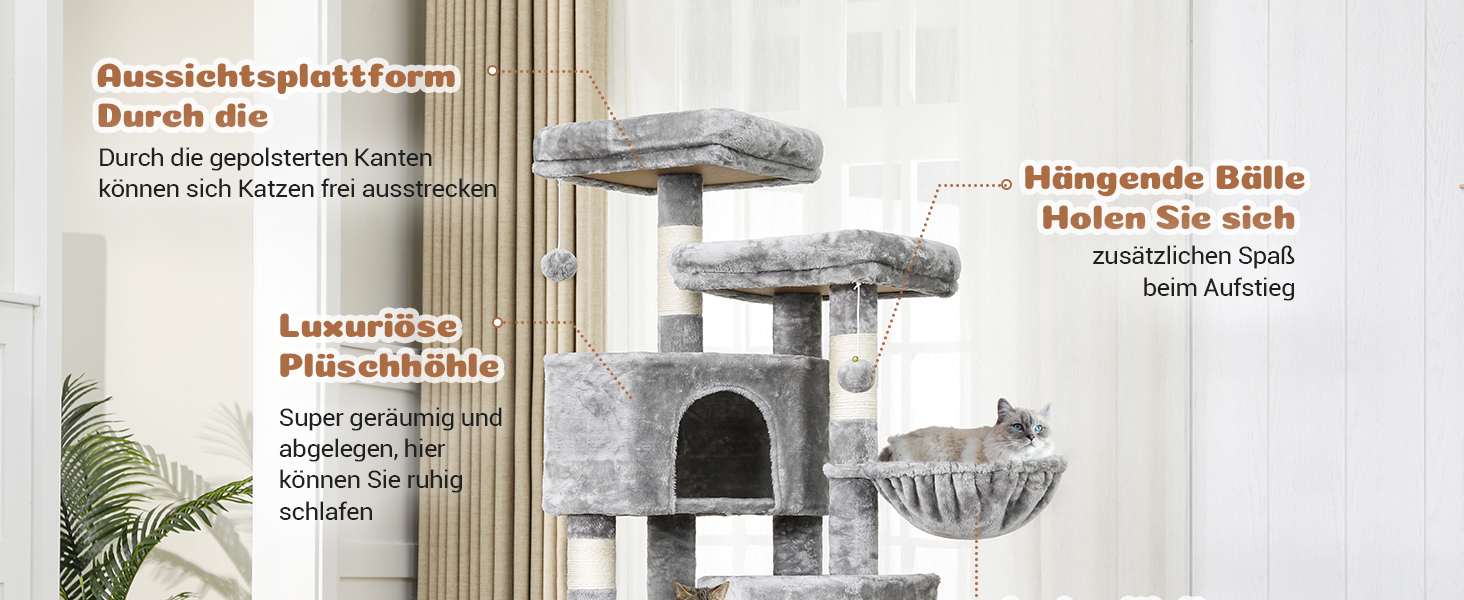 MSmask Котячий будиночок-кігтеточка великий, 180 см, з сизалевих стовпів, 2 платформи, 2 будиночки, кошик, гамак, стабільний, багатоповерховий, сірий