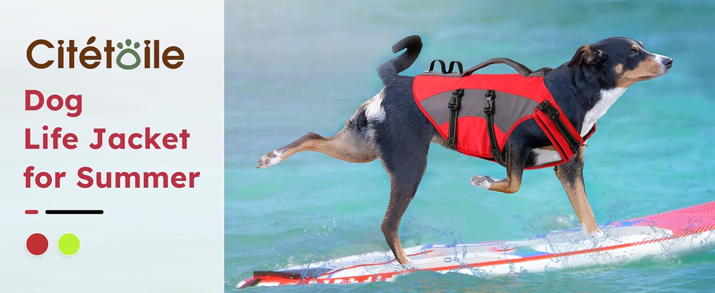 Жилет рятувальний для собак CITEKOILE з ручкою та світловідбиваючими елементами, регульований, для малих, середніх та великих собак, міцний, для водних видів спорту, плавання та катання на човні, червоний, XS, червоний