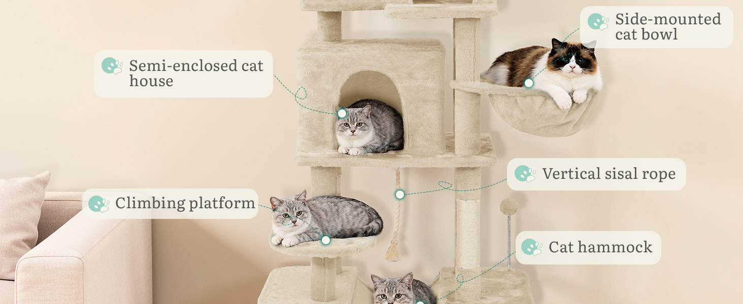 Драбина для котів YITAHOME - кігтеточка, будиночок, велика платформа, товсті стовпи (11 см), м'яке ліжко, 50 x 50 x 157 см (Бежевий)