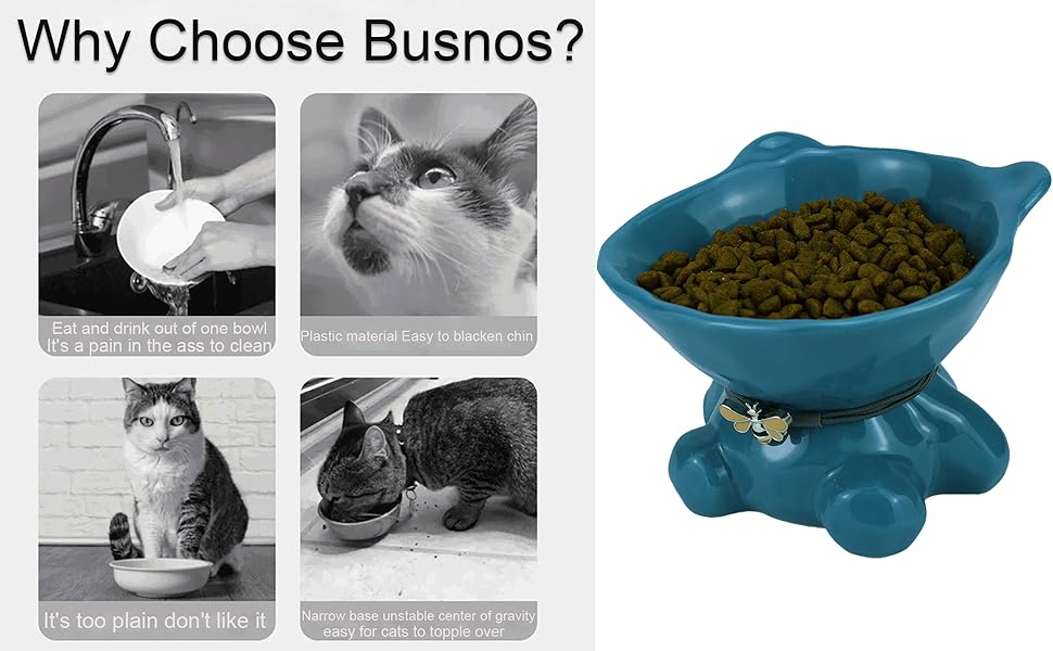 Підвищений годівниця для котів Busnos: керамічна миска для їжі та води, 14x13x11 см, синього кольору