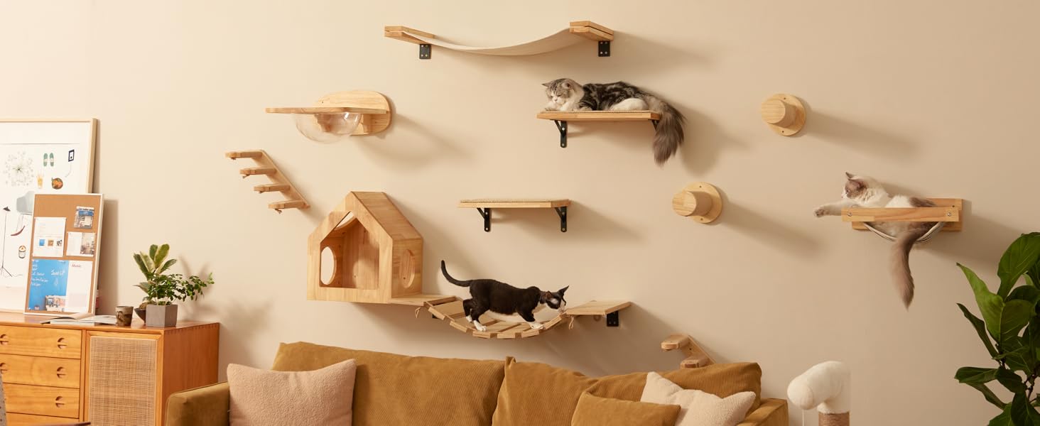 Кігтеточка-стінка для котів FUKUMARU, велике котяче ліжко на стіну, з масивного гумового дерева, біле фланелеве покриття, вантажопідйомність до 18 кг