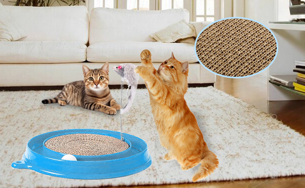 Кігтеточка для котів з м'ячиком та іграшковою мишкою - інтерактивна іграшка для кошенят, тренування та розваги. Ігровий мат для котів, синій.