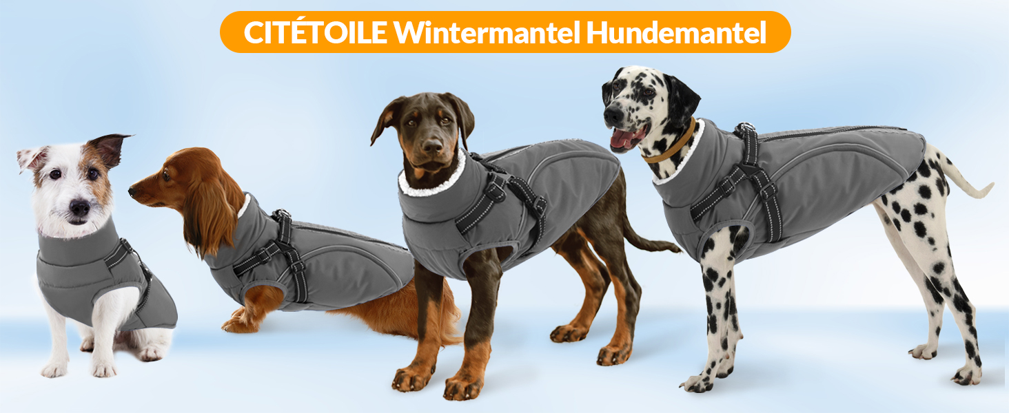 Теплий зимовий одяг для собак Citétoile: куртка з блискавкою, вітрозахисна, з відбиваючими смугами та нагрудником. Підходить для собак маленьких, середніх та великих порід. Сірий колір, розмір S.