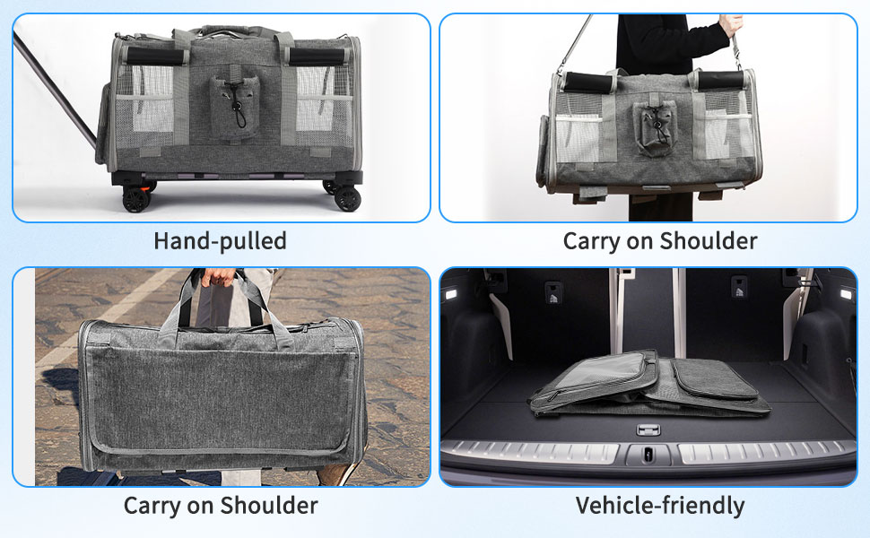 Транспортна переноска для котів та собак на 20 кг з 2 відділеннями, колесами та телескопічним ручками (сіра)